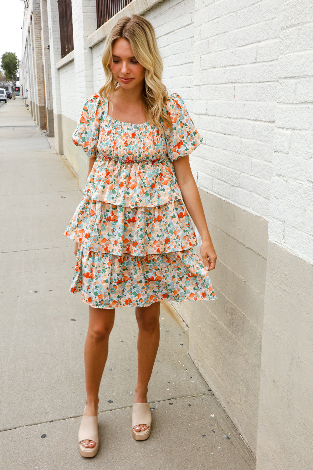 Find Love Floral Print Smocked Neck Puff Sleeve Ruffle Tiered Dress - Charming Charlie