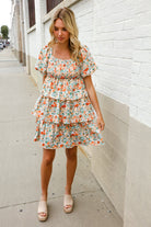 Find Love Floral Print Smocked Neck Puff Sleeve Ruffle Tiered Dress - Charming Charlie