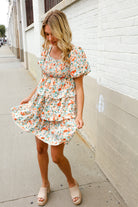 Find Love Floral Print Smocked Neck Puff Sleeve Ruffle Tiered Dress - Charming Charlie