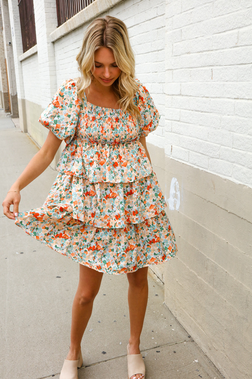 Find Love Floral Print Smocked Neck Puff Sleeve Ruffle Tiered Dress - Charming Charlie