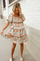 Find Love Floral Print Smocked Neck Puff Sleeve Ruffle Tiered Dress - Charming Charlie