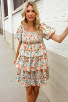 Find Love Floral Print Smocked Neck Puff Sleeve Ruffle Tiered Dress - Charming Charlie