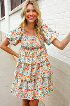 Find Love Floral Print Smocked Neck Puff Sleeve Ruffle Tiered Dress - Charming Charlie