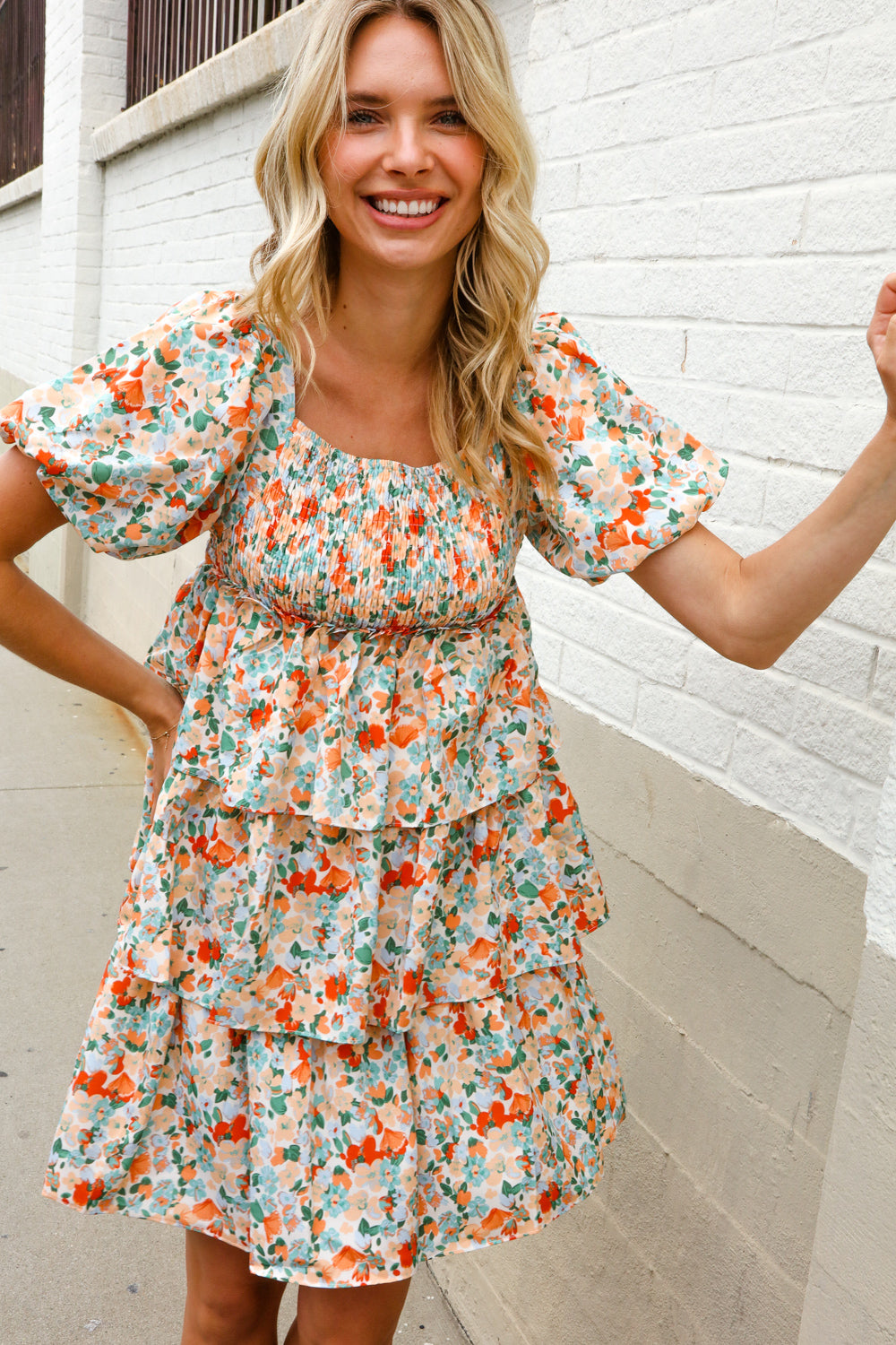 Find Love Floral Print Smocked Neck Puff Sleeve Ruffle Tiered Dress - Charming Charlie
