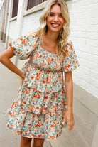 Find Love Floral Print Smocked Neck Puff Sleeve Ruffle Tiered Dress - Charming Charlie