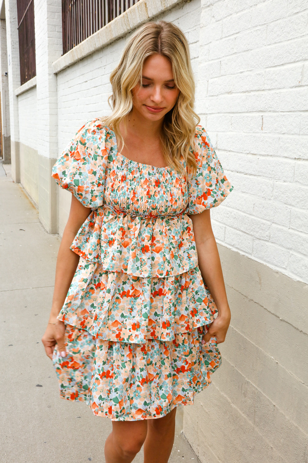 Find Love Floral Print Smocked Neck Puff Sleeve Ruffle Tiered Dress - Charming Charlie