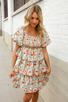 Find Love Floral Print Smocked Neck Puff Sleeve Ruffle Tiered Dress - Charming Charlie