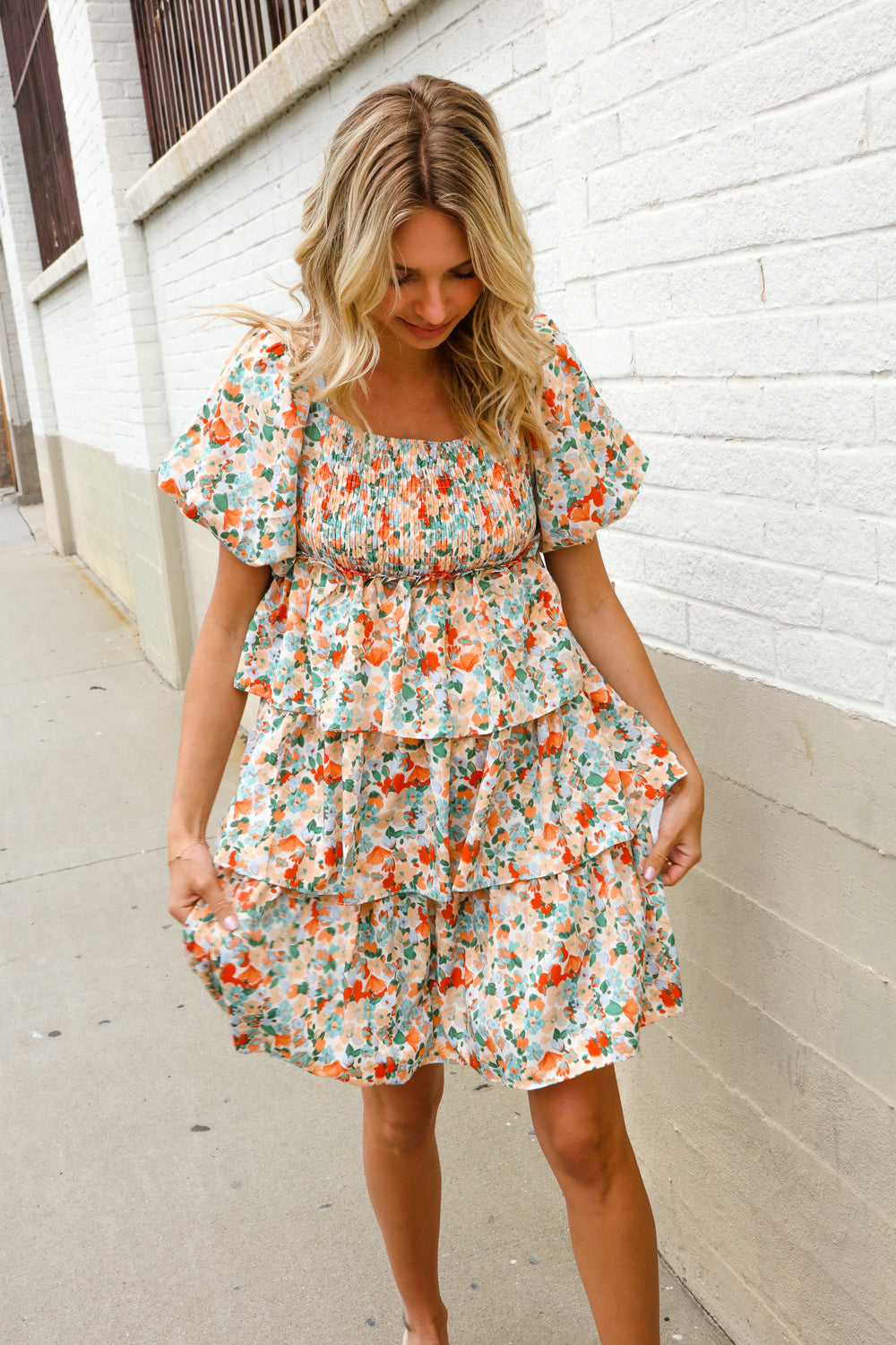 Find Love Floral Print Smocked Neck Puff Sleeve Ruffle Tiered Dress - Charming Charlie