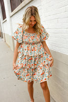 Find Love Floral Print Smocked Neck Puff Sleeve Ruffle Tiered Dress - Charming Charlie