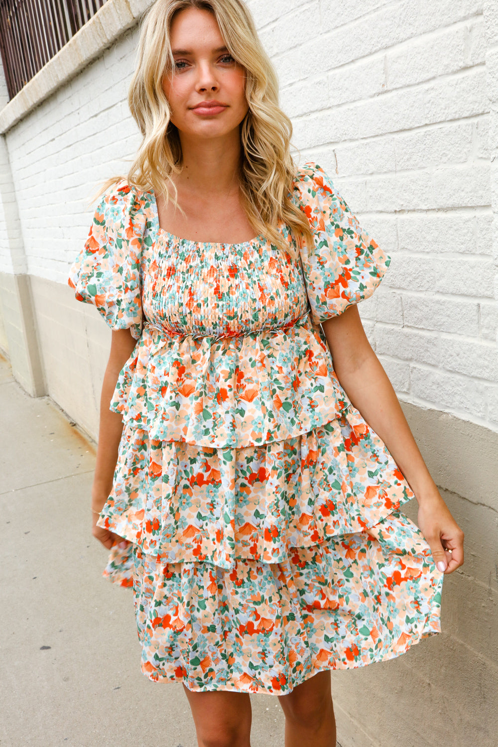 Find Love Floral Print Smocked Neck Puff Sleeve Ruffle Tiered Dress - Charming Charlie
