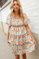 Find Love Floral Print Smocked Neck Puff Sleeve Ruffle Tiered Dress - Charming Charlie