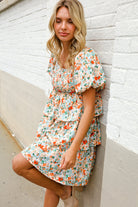 Find Love Floral Print Smocked Neck Puff Sleeve Ruffle Tiered Dress - Charming Charlie