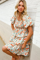 Find Love Floral Print Smocked Neck Puff Sleeve Ruffle Tiered Dress - Charming Charlie