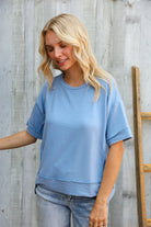 Look My Way Denim Hi-Lo French Terry Outseam Pullover - Charming Charlie