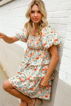 Find Love Floral Print Smocked Neck Puff Sleeve Ruffle Tiered Dress - Charming Charlie