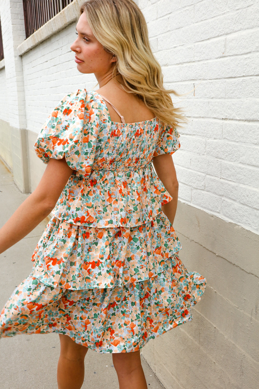 Find Love Floral Print Smocked Neck Puff Sleeve Ruffle Tiered Dress - Charming Charlie