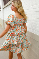 Find Love Floral Print Smocked Neck Puff Sleeve Ruffle Tiered Dress - Charming Charlie