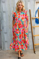 Dazzle In Orange & Aqua Floral Smocked Notched Neck Midi Dress - Charming Charlie