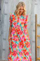 Dazzle In Orange & Aqua Floral Smocked Notched Neck Midi Dress - Charming Charlie