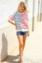 Patriotic Red & Blue Stripe Drop Shoulder Oversize Sweater Top - Charming Charlie