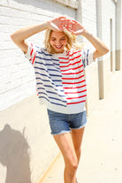 Patriotic Red & Blue Stripe Drop Shoulder Oversize Sweater Top - Charming Charlie