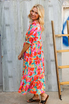 Dazzle In Orange & Aqua Floral Smocked Notched Neck Midi Dress - Charming Charlie