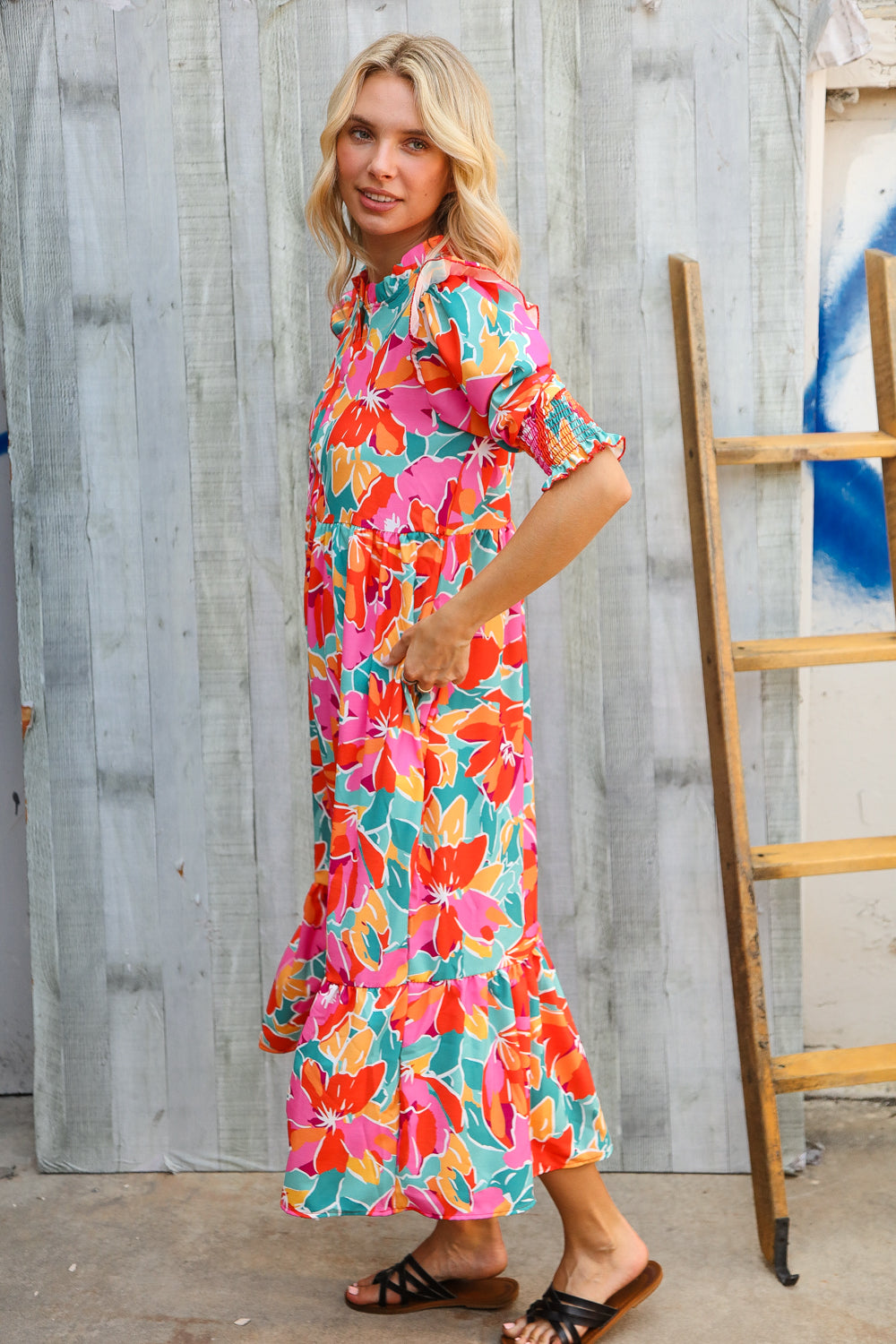 aqua floral smocked midi dress Dazzle In Orange & Aqua Floral Smocked Notched Neck Midi Dress