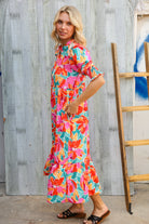 Dazzle In Orange & Aqua Floral Smocked Notched Neck Midi Dress - Charming Charlie
