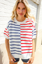 Patriotic Red & Blue Stripe Drop Shoulder Oversize Sweater Top - Charming Charlie