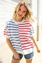 Patriotic Red & Blue Stripe Drop Shoulder Oversize Sweater Top - Charming Charlie