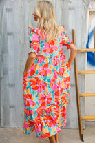Dazzle In Orange & Aqua Floral Smocked Notched Neck Midi Dress - Charming Charlie