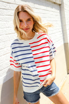 Patriotic Red & Blue Stripe Drop Shoulder Oversize Sweater Top - Charming Charlie