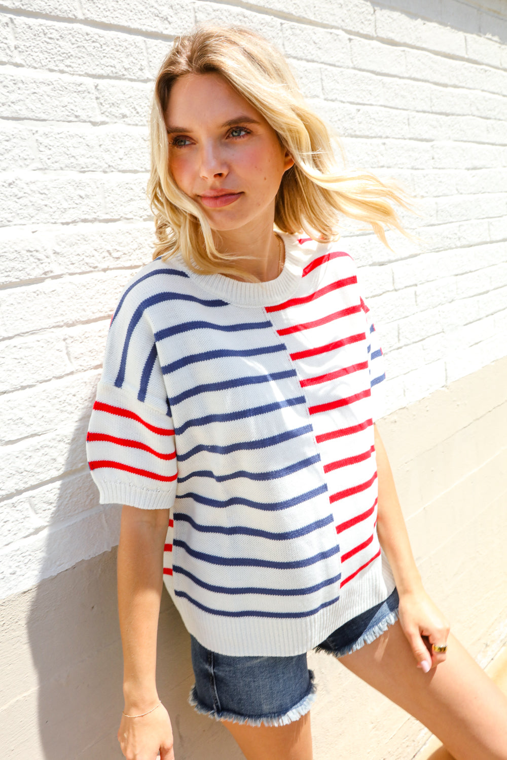 Patriotic Red & Blue Stripe Drop Shoulder Oversize Sweater Top - Charming Charlie