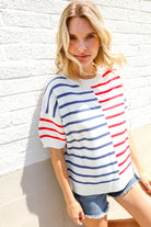 Patriotic Red & Blue Stripe Drop Shoulder Oversize Sweater Top - Charming Charlie