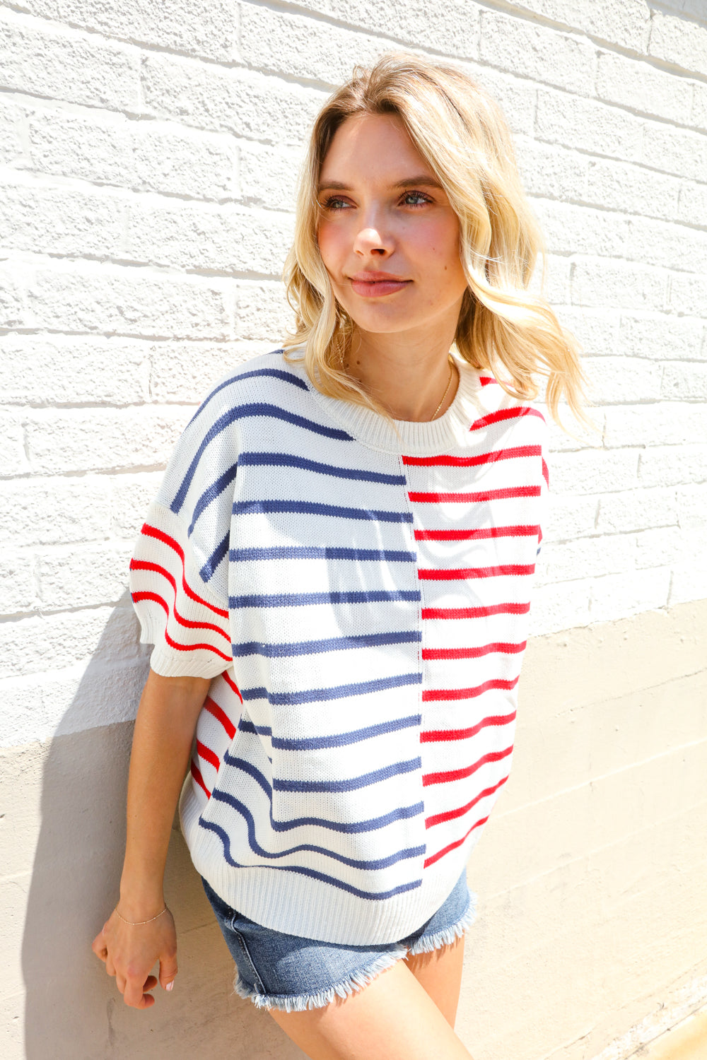 Patriotic Red & Blue Stripe Drop Shoulder Oversize Sweater Top - Charming Charlie