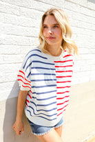 Patriotic Red & Blue Stripe Drop Shoulder Oversize Sweater Top - Charming Charlie