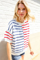 Patriotic Red & Blue Stripe Drop Shoulder Oversize Sweater Top - Charming Charlie