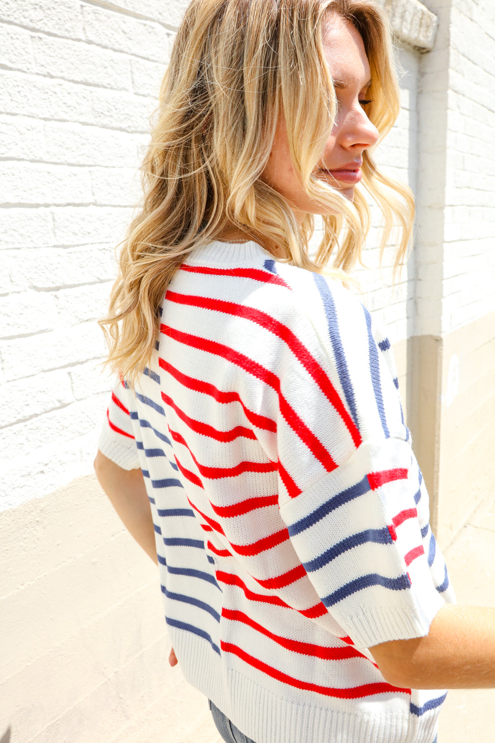 Patriotic Red & Blue Stripe Drop Shoulder Oversize Sweater Top - Charming Charlie