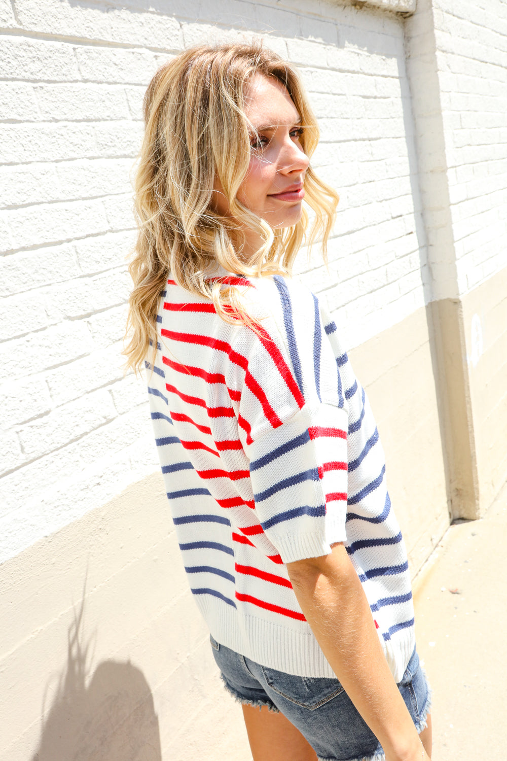 Patriotic Red & Blue Stripe Drop Shoulder Oversize Sweater Top - Charming Charlie