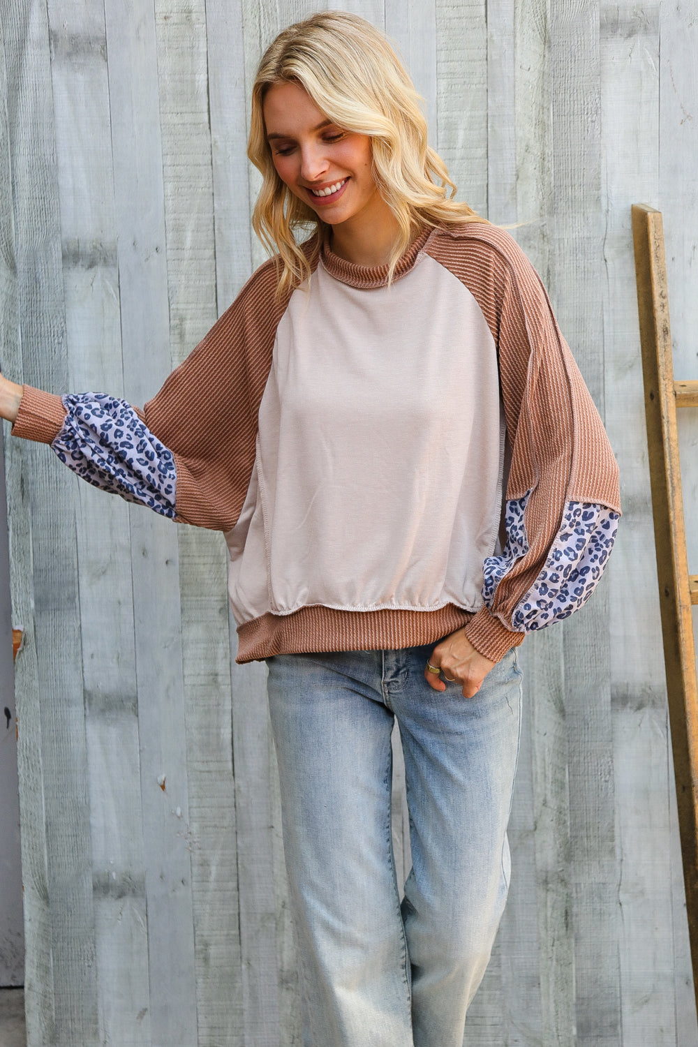 Lock Eyes Taupe & Animal Print Dolman Colorblock Terry Top - Charming Charlie