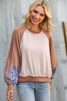Lock Eyes Taupe & Animal Print Dolman Colorblock Terry Top - Charming Charlie
