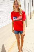 American Flag Bubble Short Sleeve Jacquard Sweater Knit Pullover - Charming Charlie