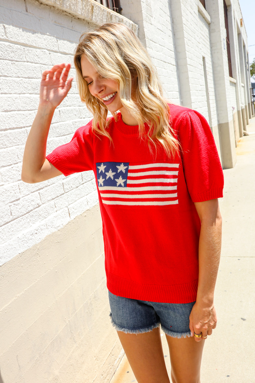 American Flag Bubble Short Sleeve Jacquard Sweater Knit Pullover - Charming Charlie