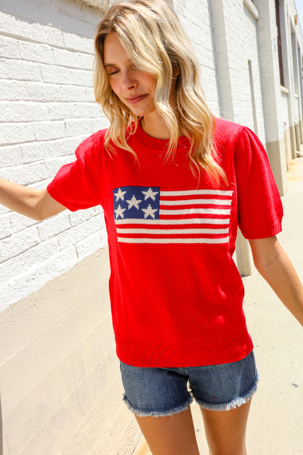 American Flag Bubble Short Sleeve Jacquard Sweater Knit Pullover - Charming Charlie