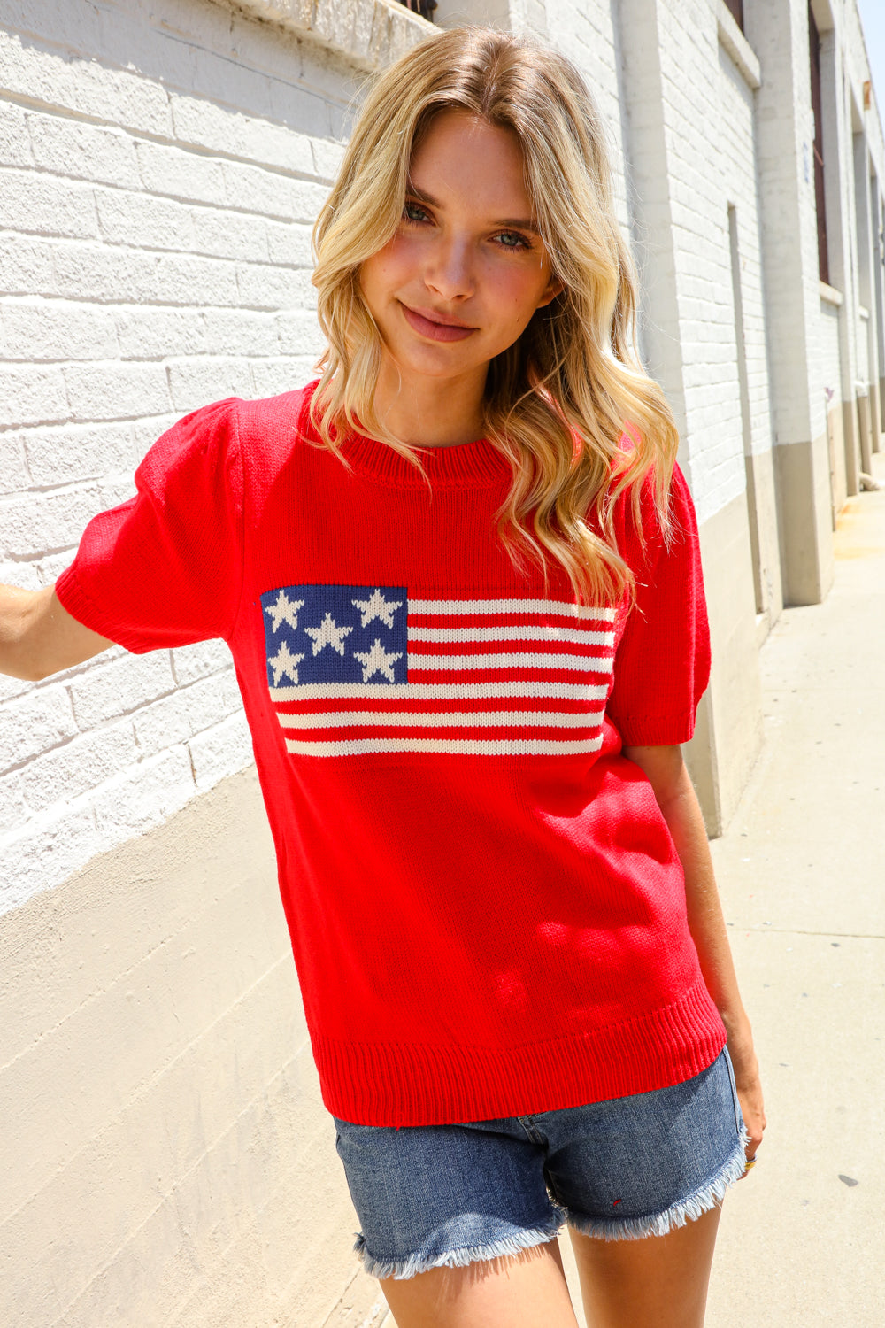 American Flag Bubble Short Sleeve Jacquard Sweater Knit Pullover - Charming Charlie