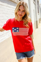 American Flag Bubble Short Sleeve Jacquard Sweater Knit Pullover - Charming Charlie