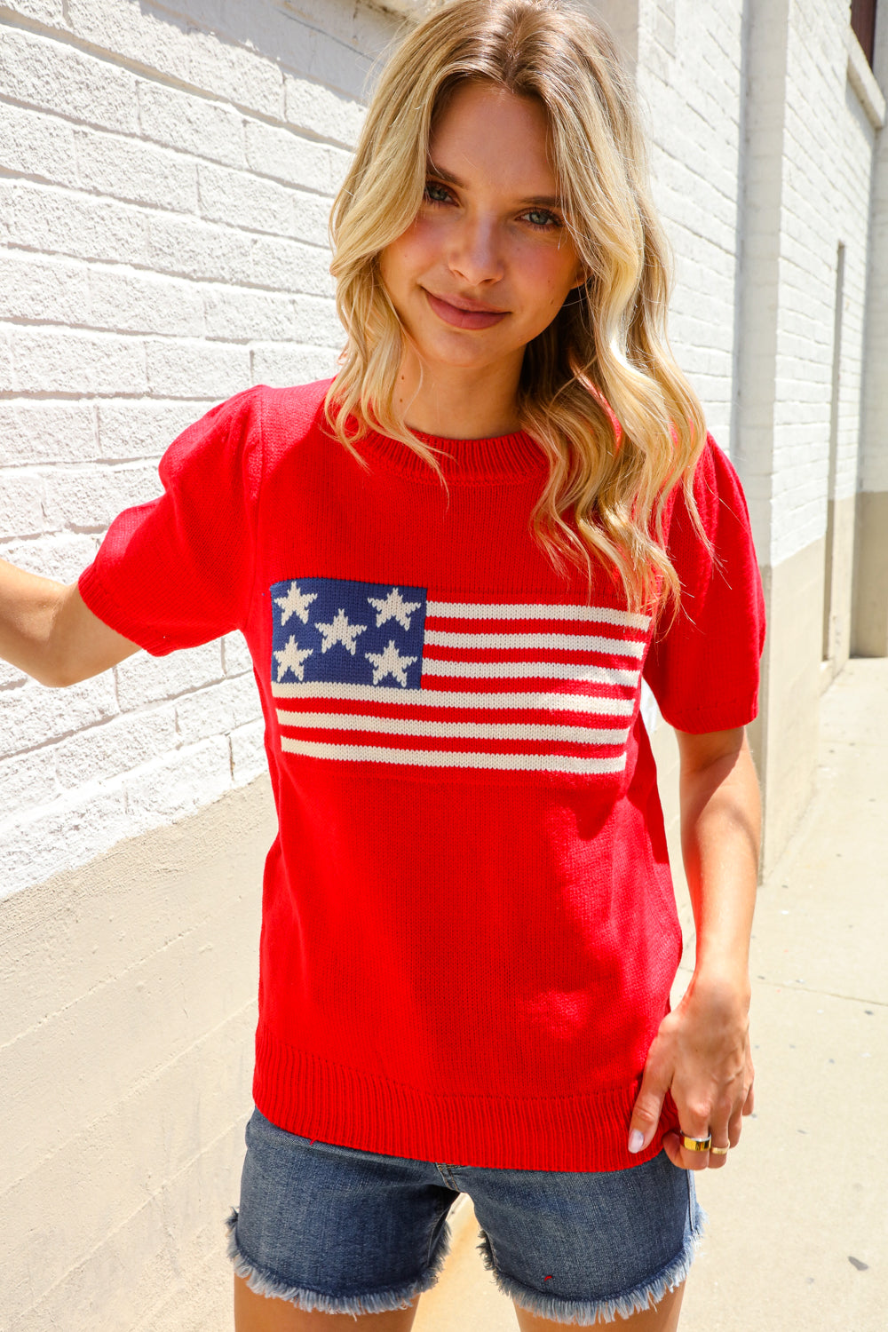 American Flag Bubble Short Sleeve Jacquard Sweater Knit Pullover - Charming Charlie