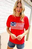 American Flag Bubble Short Sleeve Jacquard Sweater Knit Pullover - Charming Charlie