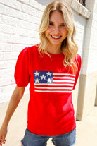 American Flag Bubble Short Sleeve Jacquard Sweater Knit Pullover - Charming Charlie