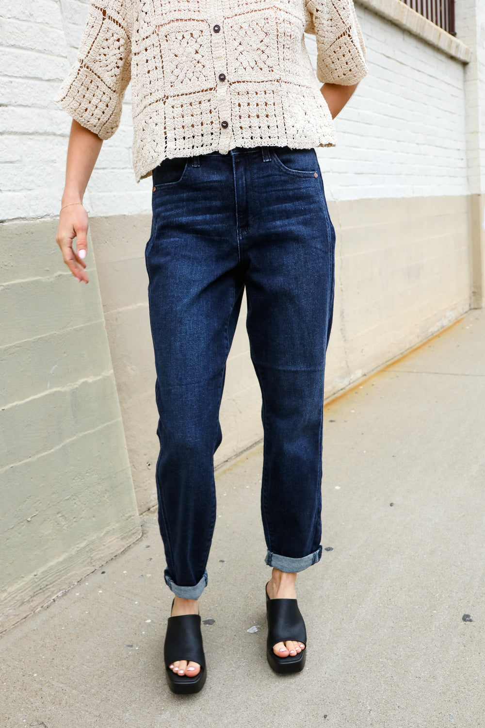 Judy Blue High-Rise Boyfriend Dark Blue Wash Jeans - Charming Charlie